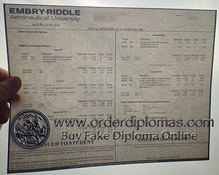 Buy Embry-Riddle Aeronautical University fake transcript.