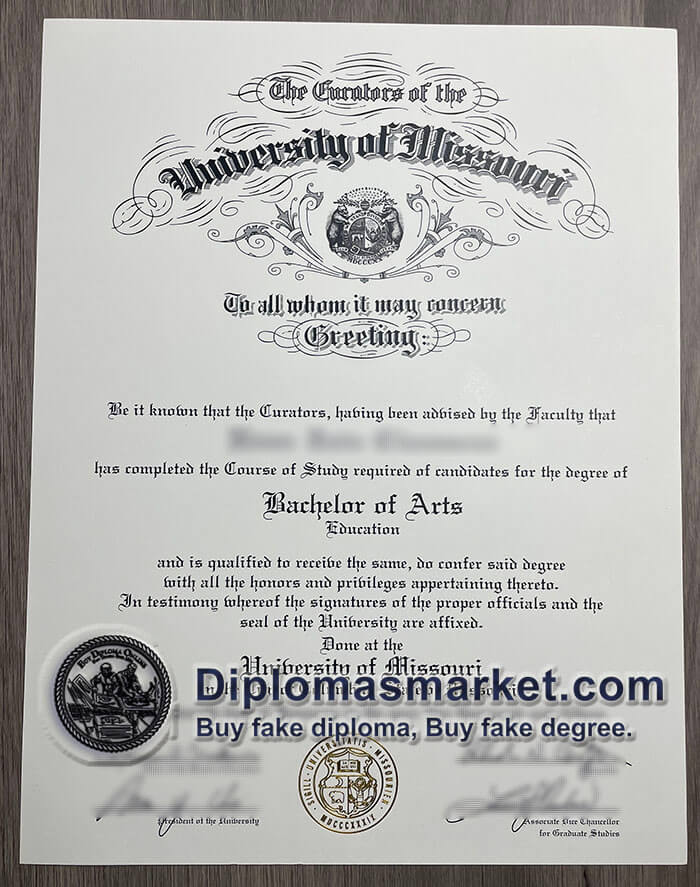 fake University of Missouri diploma sample.